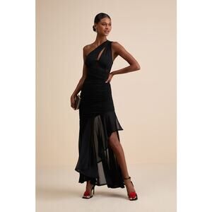 NWT Lulus Marcellina Black Mesh Ruched One-Shoulder Maxi Dress Bridesmaid Gala M